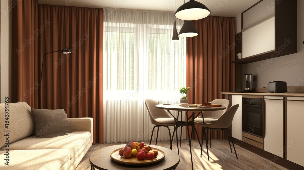 Poster a bright and inviting living area showcases a stylish sofa near a dining table adorned with fresh fr