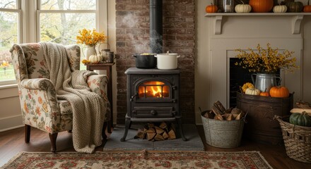 Fototapeta premium Cozy Interior Scene with Wood Burning Stove and Fall Decor