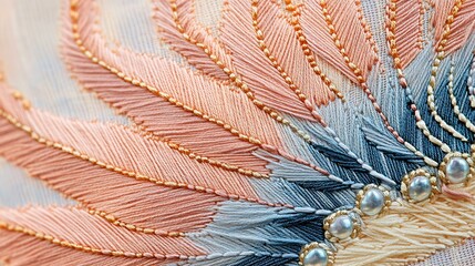 A zoomed-in view of an embroidered feather, featuring gradient threadwork and intricate stitching techniques