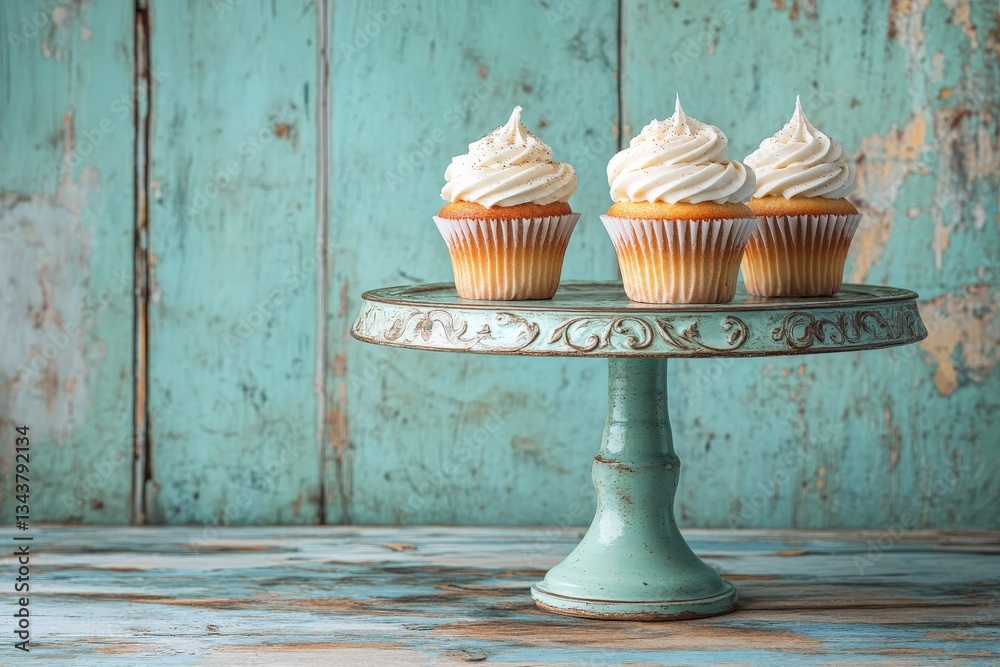 Poster delicious vanilla cupcakes topped with creamy frosting presented on a vintage cake stand in a rustic