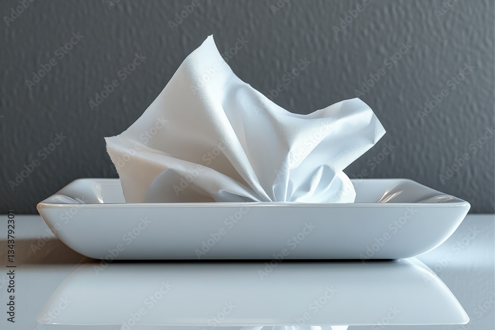 Aufkleber tissues arranged elegantly in white tray against a gray background for a minimalist decor style