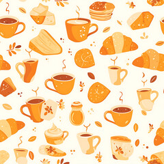 seamless pattern Realistic and artistic illustrations of coffee beans, brewing equipment, coffee cups for background or wallpaper