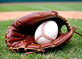 A brown leather baseball glove hugs a white baseball in the shape of an Easter egg with red stitching. Green grass background, shallow depth of field. Close up of sports equipment, sports theme