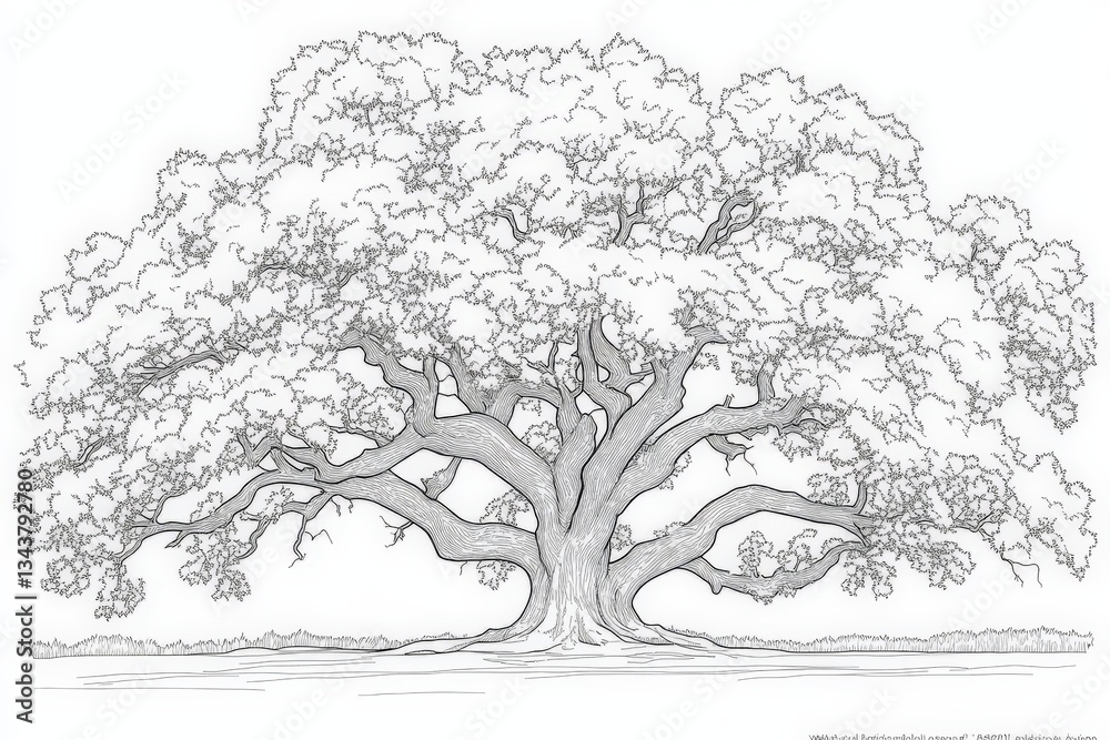 Poster Majestic oak tree with sprawling branches and intricate leaf patterns in a serene landscape setting