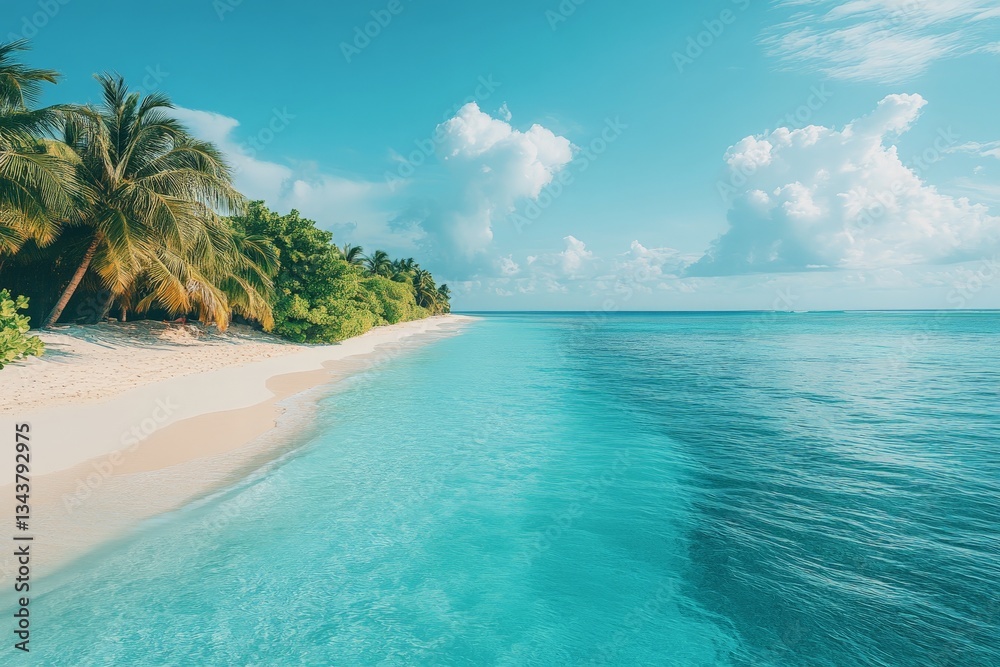 Aufkleber relaxing beach view with clear turquoise water and lush palm trees lining the shore under a bright s