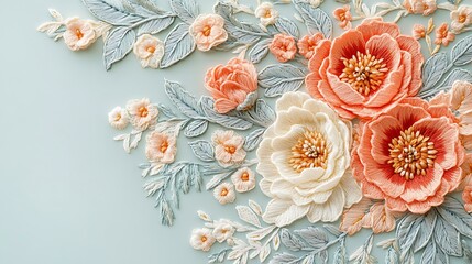 A 3D embroidered pattern of neatly arranged peonies and soft boho floral elements, in a high-resolution minimalist style