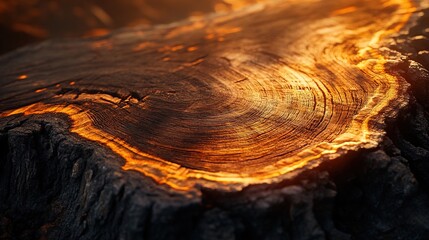 Close-up of old oak tree trunk rings with rich brown and orange tones, showcasing intricate growth patterns under soft overhead lighting.