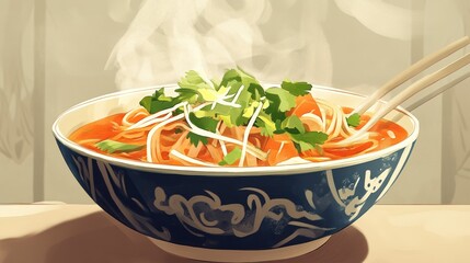 A steaming bowl of pho with fresh herbs, bean sprouts, and noodles, styled with an Asian-inspired feel