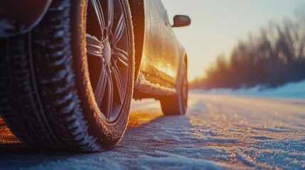 Winter sunset scene featuring a close-up of a car tire on a snowy road with a beautiful orange sky