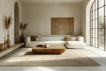 minimalizm, salon, nowoczesne wnętrze, jasne ściany, szare ściany, modułowa sofa, duża sofa, beżowa tkanina, stoliki boczne, białe meble, czarne oświetlenie, lampa sufitowa, oświetlenie torowe, dywan,