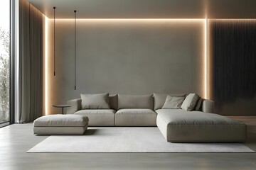 minimalizm, salon, nowoczesne wnętrze, jasne ściany, szare ściany, modułowa sofa, duża sofa, beżowa tkanina, stoliki boczne, białe meble, czarne oświetlenie, lampa sufitowa, oświetlenie torowe, dywan,