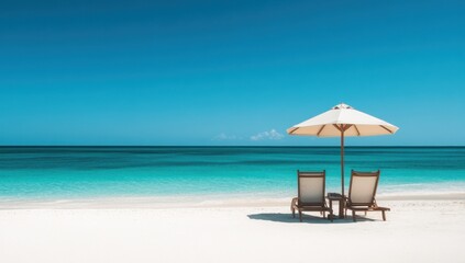 Tranquil Beach Paradise: Two Lounge Chairs Under a Beach Umbrella