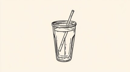 pear fruit juice glass continuous single one line minimalist illustration of a glass filled with pear juice, complete with a lid and straw, designed using a continuous single line drawing technique.