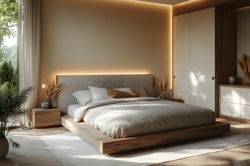 sypialnia, minimalizm, nowoczesne wnętrze, jasne kolory, beżowe ściany, tapicerowane łóżko, duże łóżko, przytulne wnętrze, neutralna kolorystyka, architektura wnętrz, naturalne światło, elegancki desi