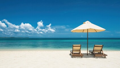 Obraz premium Relaxing Beach Scene: Two Lounge Chairs Under a Beach Umbrella on a Sunny Day