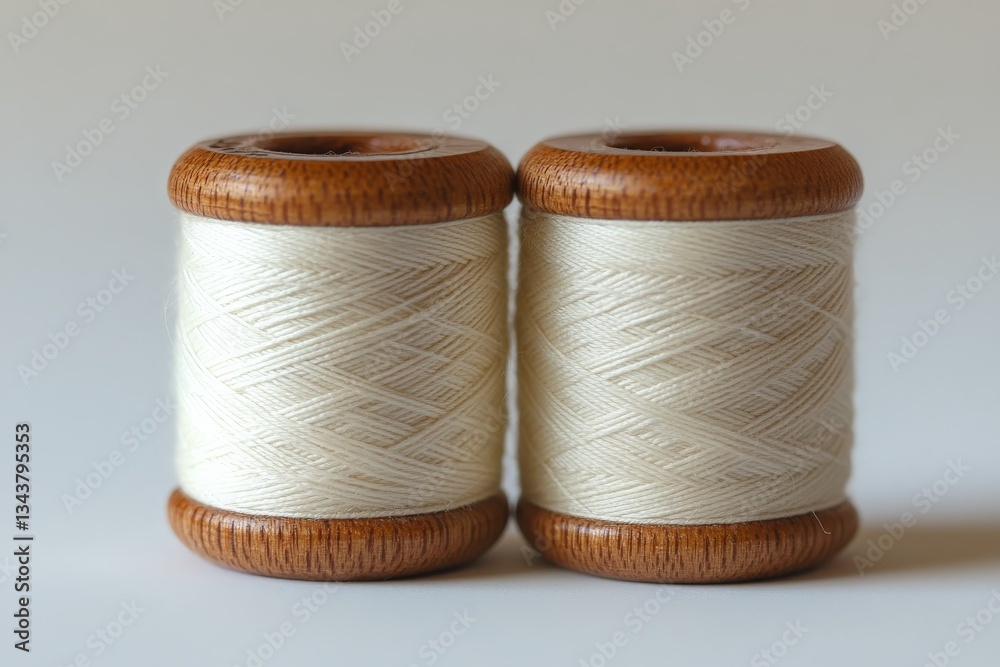 Poster close-up view of two wooden spools of white sewing thread arranged on a neutral background