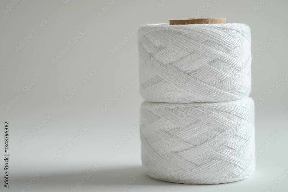 Poster White thread spools stacked on a neutral background for crafting and sewing projects, close-up view showcasing texture and detail