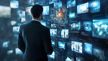 Businessman Observing Data Streams on a Futuristic Digital Wall