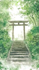 Serene Stone Steps Leading to a Tranquil Torii Gate in a Lush Green Forest.