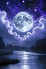 Naklejka premium Ethereal Full Moon Over a Tranquil River with Glowing Clouds and Stars