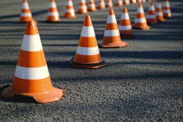 traffic cones on the asphalt floor in line for driving school