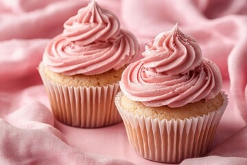 Delicious strawberry cupcakes with pink frosting on soft fabric