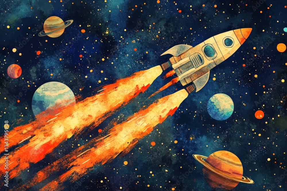 Poster rocket travels through a colorful cosmic space filled with planets and stars while leaving fiery tra