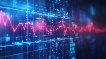 Abstract digital visualization of a fluctuating data waveform against a futuristic background of glowing technology