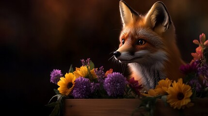 Enchanting Portrait of a Fox Amidst Vibrant Blooms, Nature's Beauty