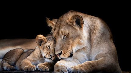 Obraz premium lionne faisant un câlin à son bébé
