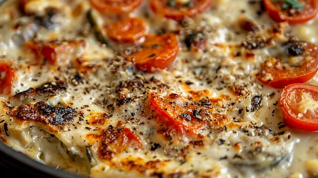 Close-up of creamy pasta bake with vegetables
