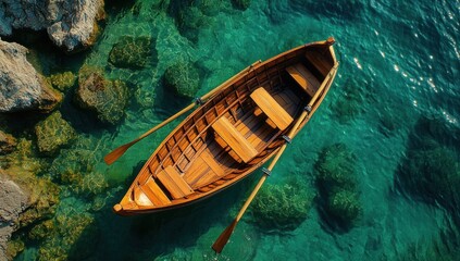 Obraz premium Serene Wooden Rowboat on Crystal Clear Water