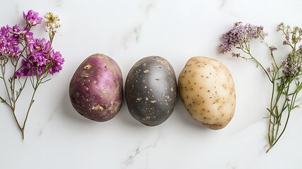 Obraz premium Assortment of Colorful Potatoes on a Marble Surface / 大理石の表面に並べられたカラフルなジャガイモの盛り合わせ