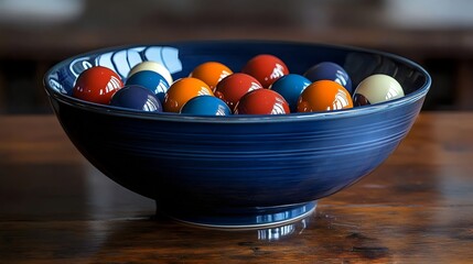 A bowl of colorful balls sits on a wooden table