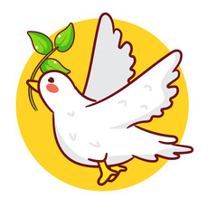 Hand drawn white  flying dove with olive branch.  