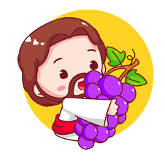 Cute Jesus holding grape fruit cartoon character. Christianity concept design. Bible story vector illustration.