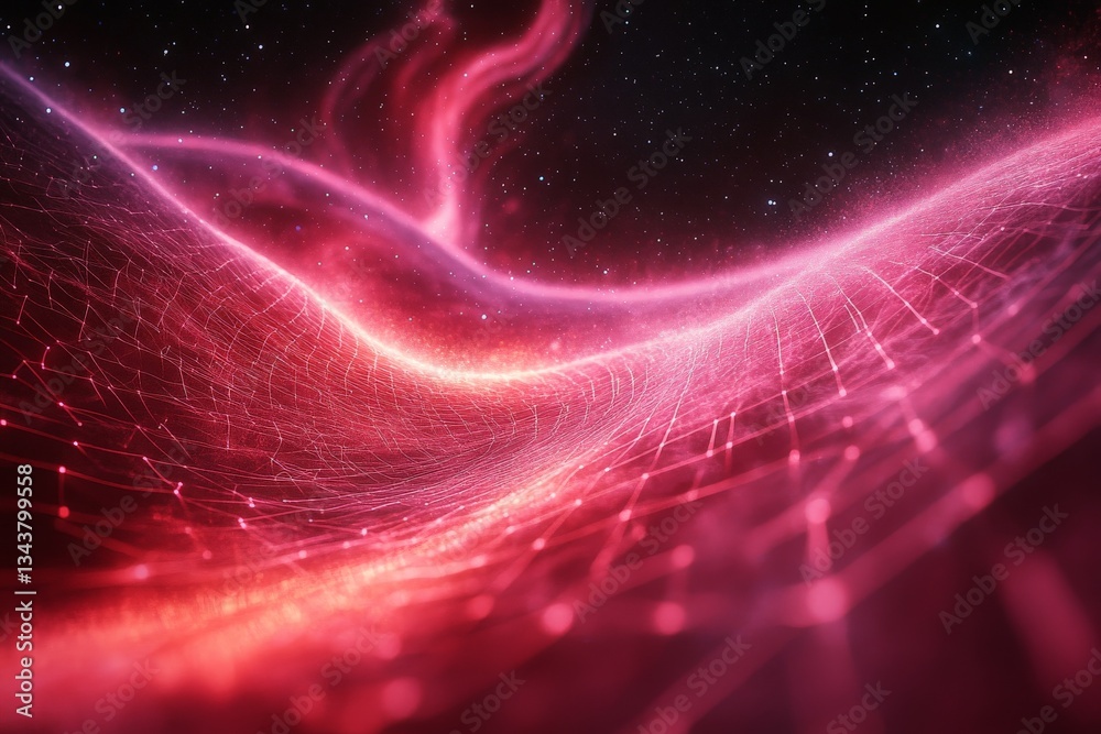 Poster Abstract digital artwork depicting flowing waves of red light and intricate patterns in a dark cosmic setting, illustrating motion and energy