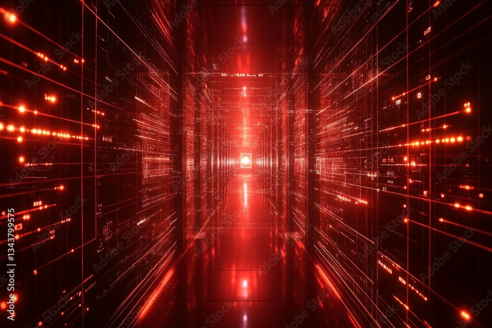 Poster Futuristic corridor filled with red lights and digital patterns creates a captivating technological atmosphere