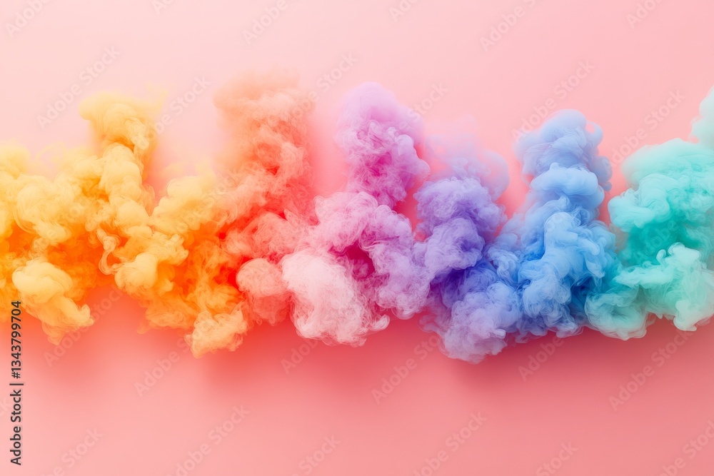 Poster Colorful smoke swirls create a vibrant pattern on a soft pink background during a midday art project