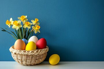 Wicker basket filled with colorful Easter eggs and daffodils on a wooden table. 