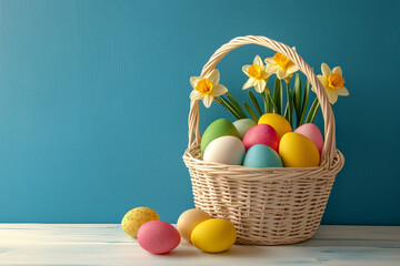 Wicker basket filled with colorful Easter eggs and daffodils on a wooden table. 