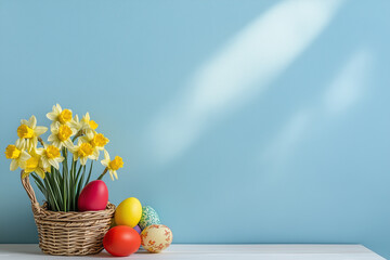 Wicker basket filled with colorful Easter eggs and daffodils on a wooden table. 