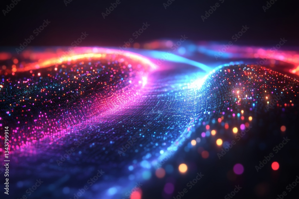 Poster Colorful abstract digital design with glowing lights and flowing patterns in dark background