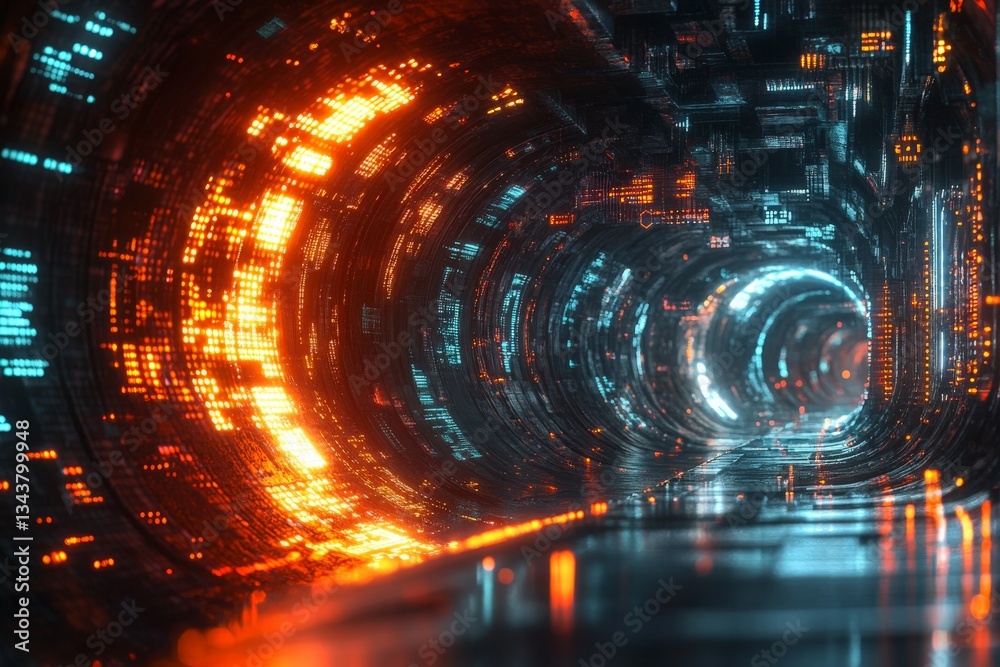 Leinwandbilder digital tunnel with glowing lights and reflections in a futuristic setting