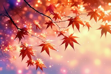 Vibrant Autumn Maple Leaves with Glowing Bokeh Background and Raindrops Captured in a Beautiful Fall Landscape Scene
