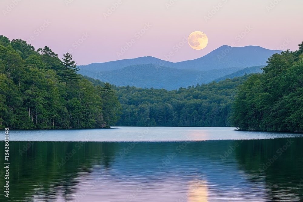 Poster serene lakeside view with full moon rising over mountains during twilight in a tranquil forest setti