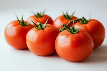 Ripe red tomatoes arranged on a white surface glistening with water droplets attracting attention in the kitchen