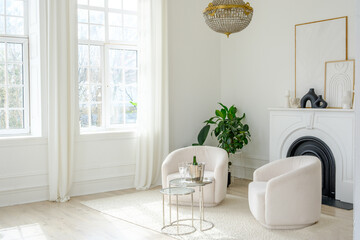Elegant Living Room with Sparkling wine  Setup and Fireplace