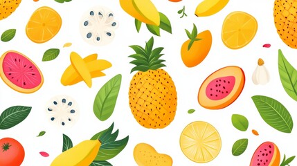 Abstract geometric tropical fruits, leaves and slices.Set of vector icons in simple flat style.Seamless border.Elements isolated on a white background.Pineapple, mango, papaya, banana, lychees.