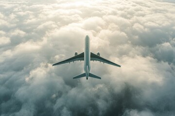 Obraz premium Airplane Flying Above Soft White Clouds During Bright Sunset
